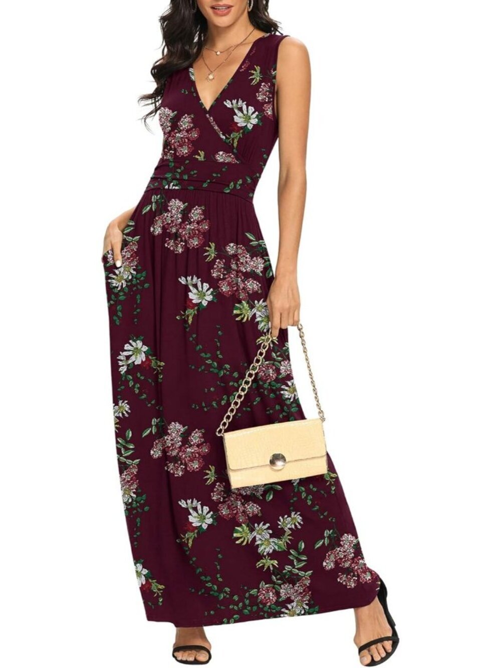 Lilbetter Women's Flower Wine Red Sleeveless Deep Loose Plain Maxi Casual Dress